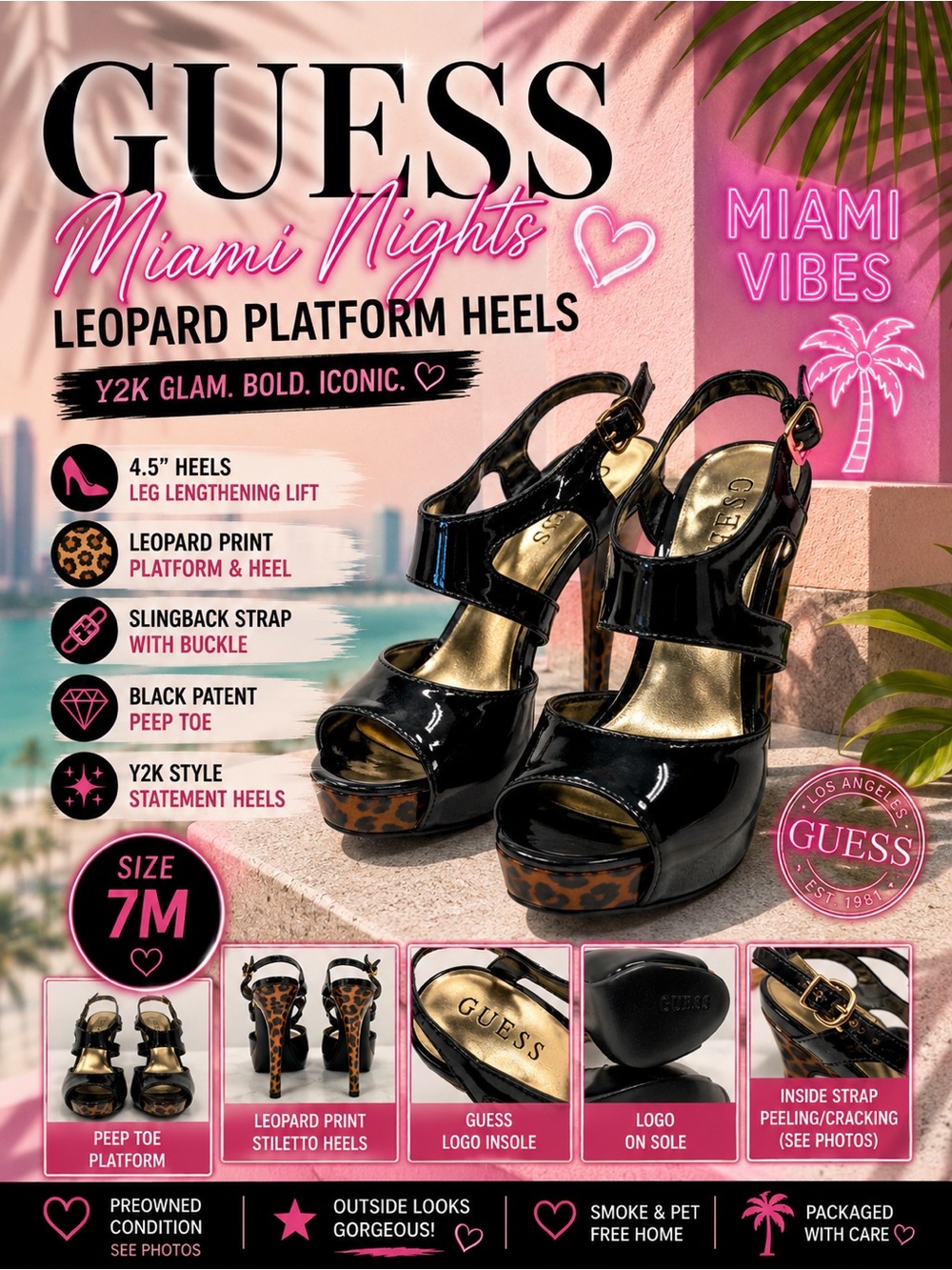 Guess Leopard Black Patent Platform Heels Size 7M